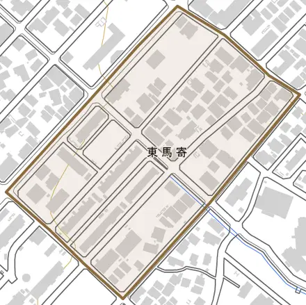 東馬寄とその周辺の地図。町の範囲を重ねている