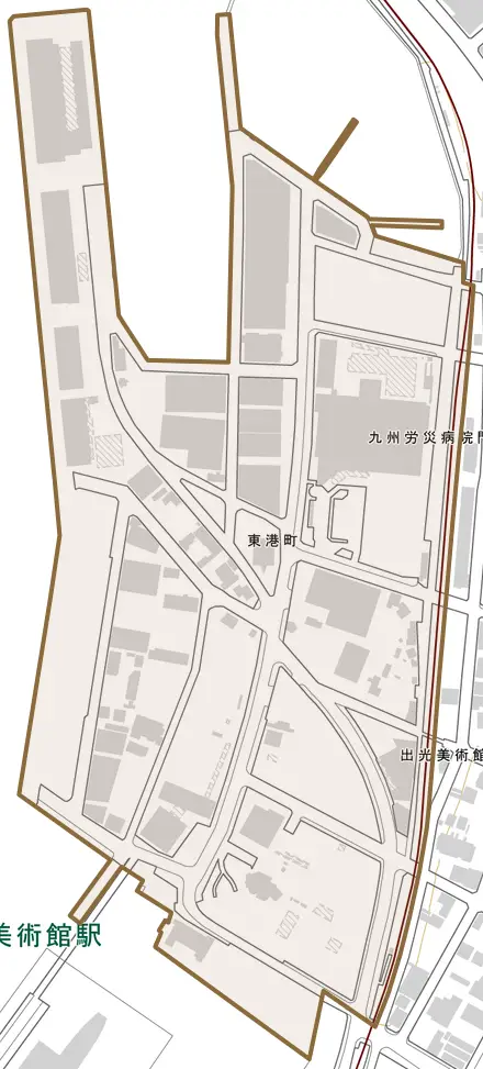 東港町とその周辺の地図。町の範囲を重ねている