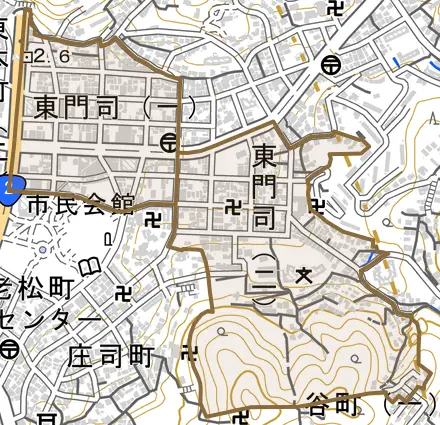 東門司とその周辺の地図。町の範囲を重ねている