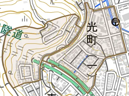 光町とその周辺の地図。町の範囲を重ねている