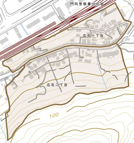 広石とその周辺の地図。町の範囲を重ねている