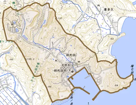 大字柄杓田とその周辺の地図。町の範囲を重ねている