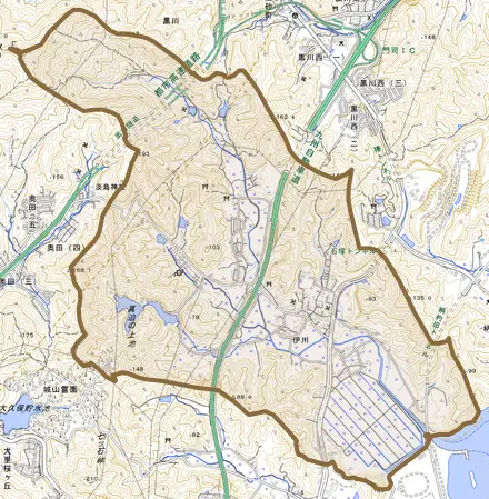 大字伊川とその周辺の地図。町の範囲を重ねている