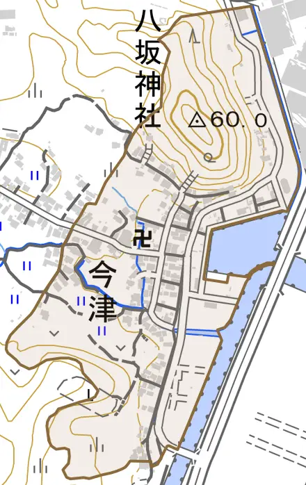 大字今津とその周辺の地図。町の範囲を重ねている