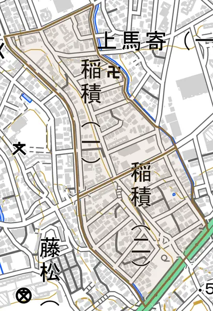 稲積とその周辺の地図。町の範囲を重ねている