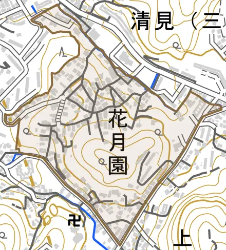 花月園とその周辺の地図。町の範囲を重ねている