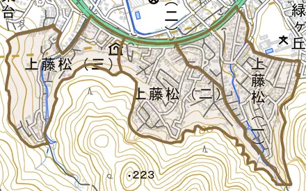 上藤松とその周辺の地図。町の範囲を重ねている