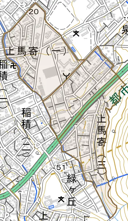 上馬寄とその周辺の地図。町の範囲を重ねている
