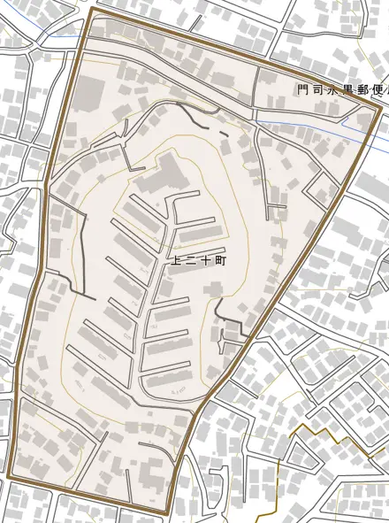 上二十町とその周辺の地図。町の範囲を重ねている