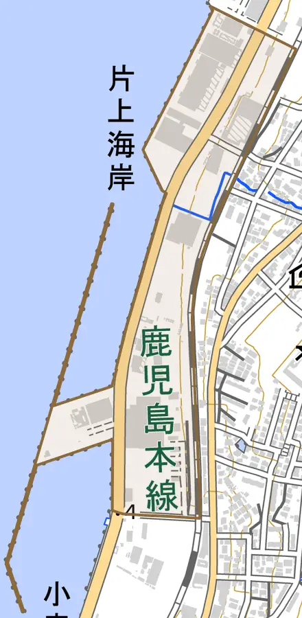 片上海岸とその周辺の地図。町の範囲を重ねている
