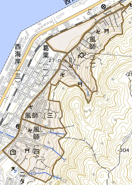 風師とその周辺の地図。町の範囲を重ねている