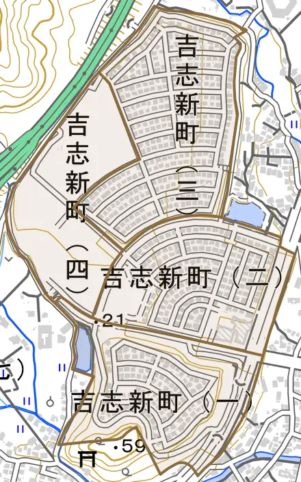 吉志新町とその周辺の地図。町の範囲を重ねている