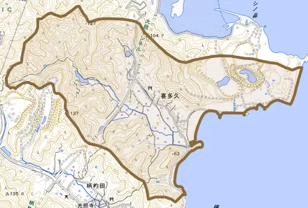 大字喜多久とその周辺の地図。町の範囲を重ねている