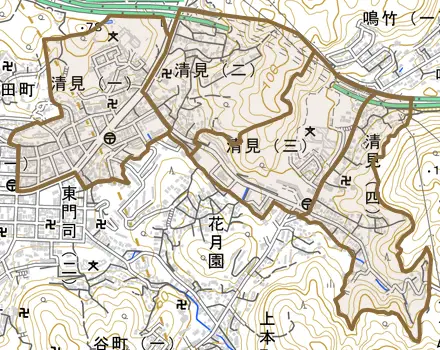 清見とその周辺の地図。町の範囲を重ねている