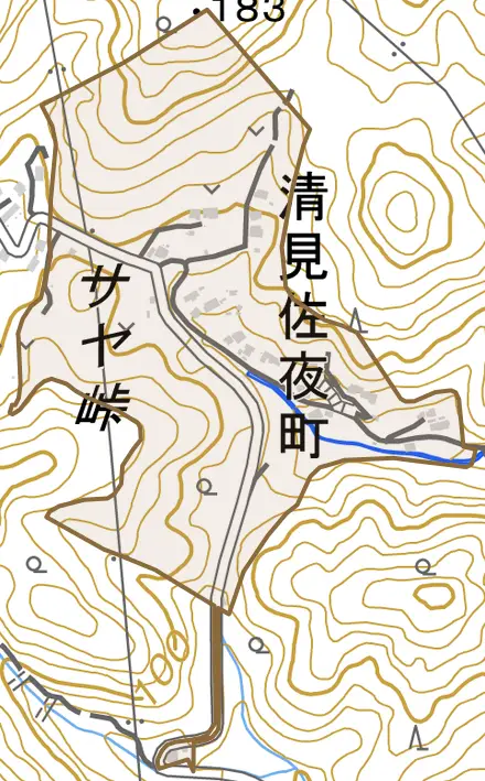 清見佐夜町とその周辺の地図。町の範囲を重ねている