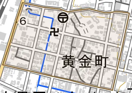 黄金町とその周辺の地図。町の範囲を重ねている