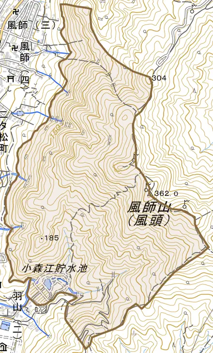 大字小森江とその周辺の地図。町の範囲を重ねている