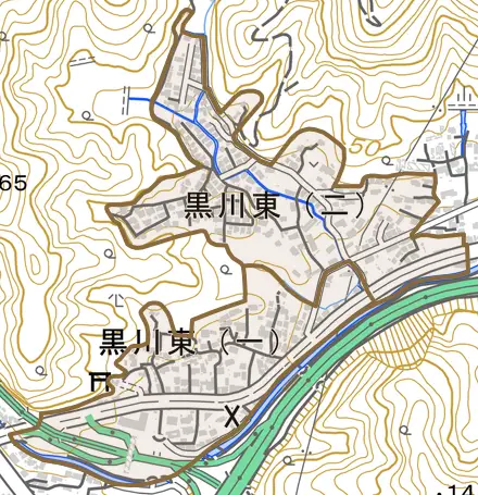 黒川東とその周辺の地図。町の範囲を重ねている