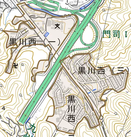 黒川西とその周辺の地図。町の範囲を重ねている