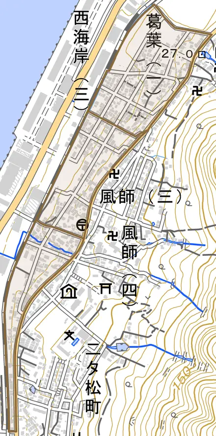葛葉とその周辺の地図。町の範囲を重ねている