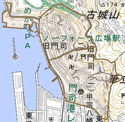 旧門司とその周辺の地図。町の範囲を重ねている