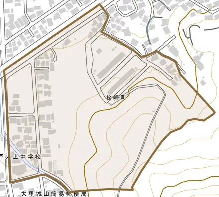 松崎町とその周辺の地図。町の範囲を重ねている