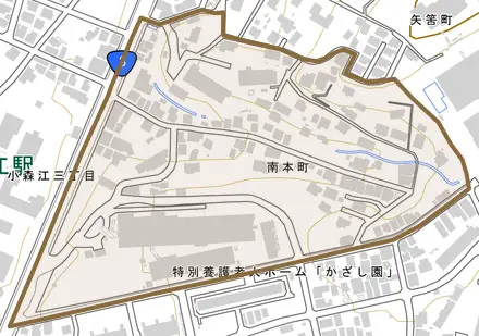 南本町とその周辺の地図。町の範囲を重ねている