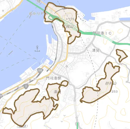 大字門司とその周辺の地図。町の範囲を重ねている