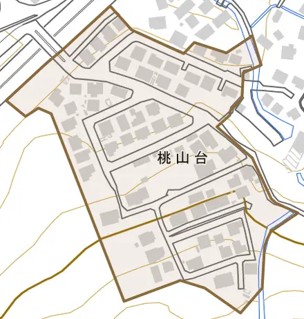 桃山台とその周辺の地図。町の範囲を重ねている