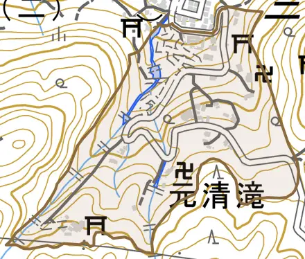 元清滝とその周辺の地図。町の範囲を重ねている