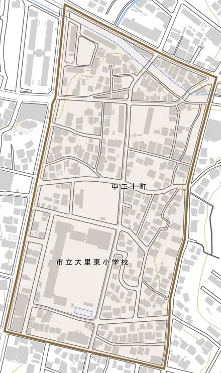 中二十町とその周辺の地図。町の範囲を重ねている
