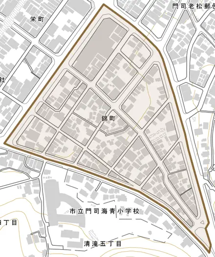 錦町とその周辺の地図。町の範囲を重ねている