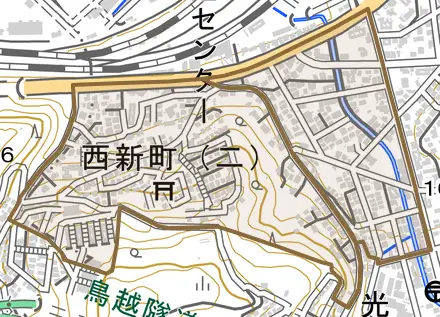 西新町とその周辺の地図。町の範囲を重ねている