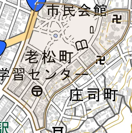 老松町とその周辺の地図。町の範囲を重ねている