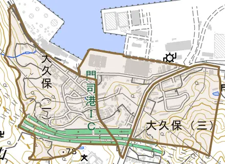 大久保とその周辺の地図。町の範囲を重ねている
