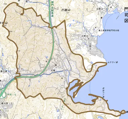 大字大積とその周辺の地図。町の範囲を重ねている