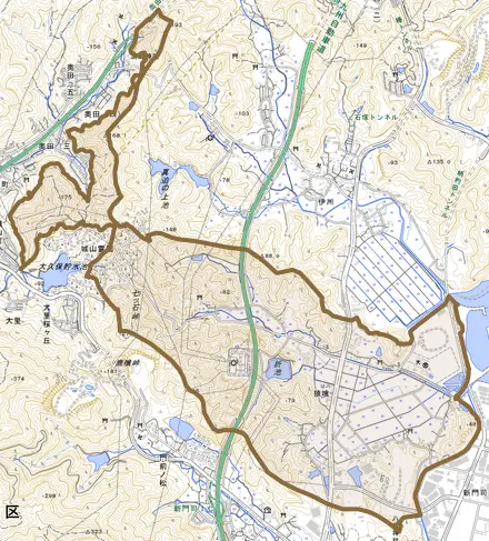 大字猿喰とその周辺の地図。町の範囲を重ねている