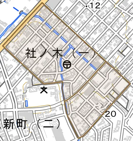 社ノ木とその周辺の地図。町の範囲を重ねている