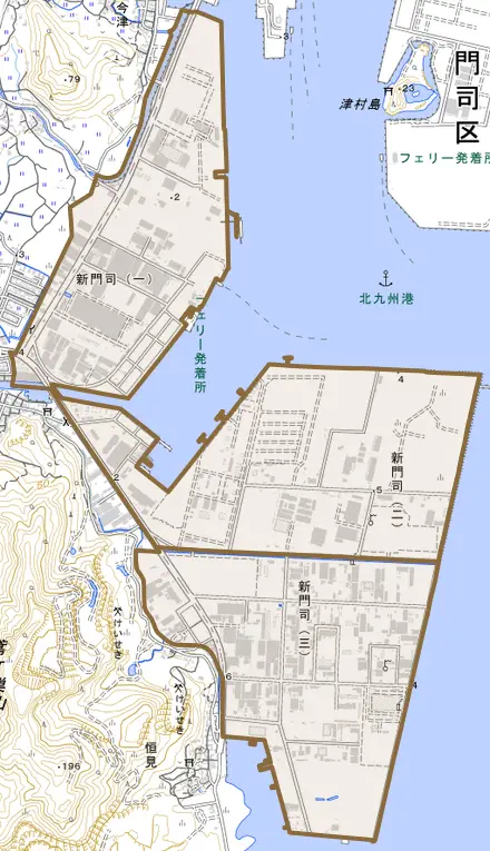 新門司とその周辺の地図。町の範囲を重ねている