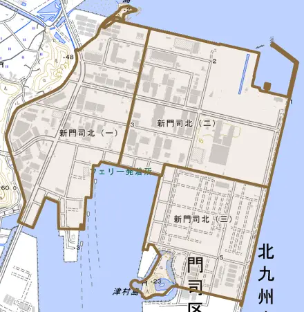 新門司北とその周辺の地図。町の範囲を重ねている