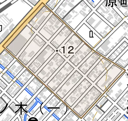 下馬寄とその周辺の地図。町の範囲を重ねている