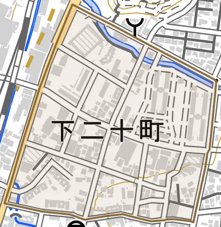 下二十町とその周辺の地図。町の範囲を重ねている