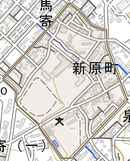 新原町とその周辺の地図。町の範囲を重ねている