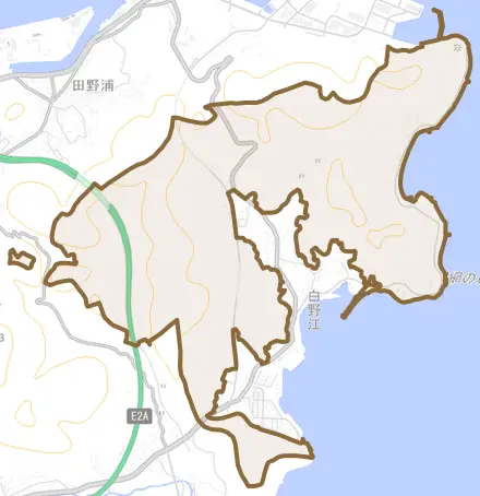 大字白野江とその周辺の地図。町の範囲を重ねている
