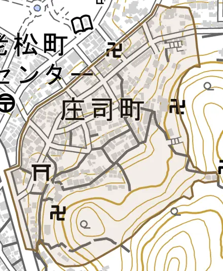 庄司町とその周辺の地図。町の範囲を重ねている