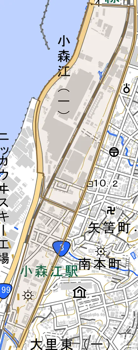 小森江とその周辺の地図。町の範囲を重ねている