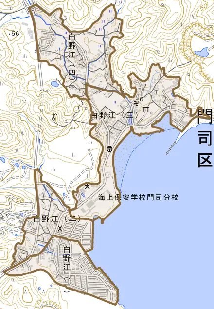 白野江とその周辺の地図。町の範囲を重ねている