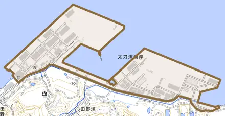 太刀浦海岸とその周辺の地図。町の範囲を重ねている