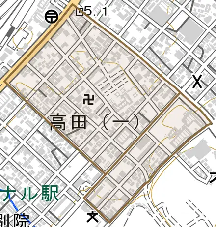 高田とその周辺の地図。町の範囲を重ねている