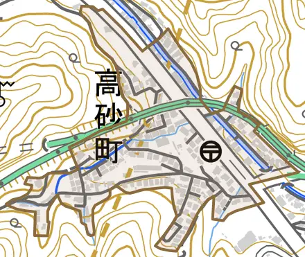 高砂町とその周辺の地図。町の範囲を重ねている